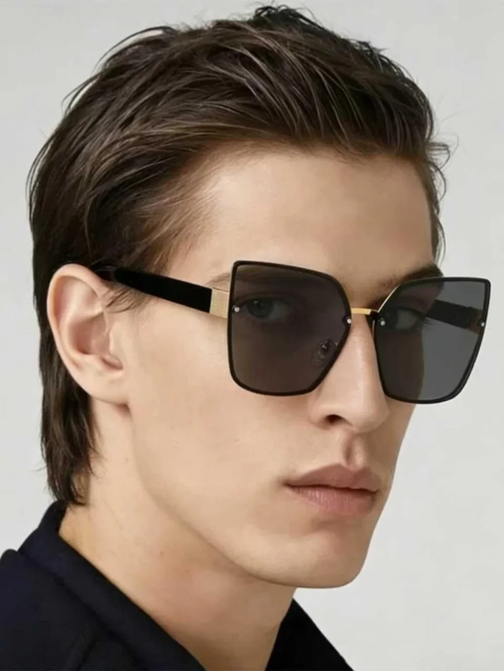Oversized Blue Sunglasses Rimless Metal Frame with Gold Accents UV Protection